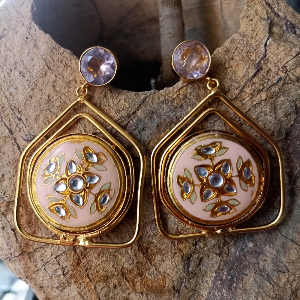 Handmade gold platted stone studded enameled drop earrings - Picture 9 of 10